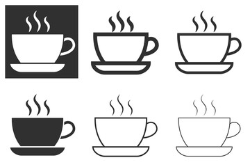 Cup of hot coffee in a cafe or coffee drink in dark and white version with flat vector icon on white and dark background for food applications and websites