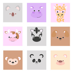 Obraz na płótnie Canvas set of faces of wild and domestic animals in a square frame in pastel colors. Vector illustration.
