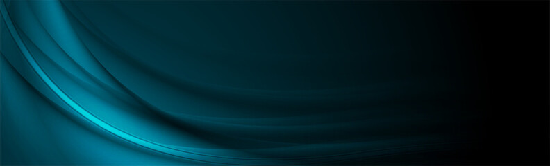Dark blue abstract banner design with smooth blurred curved waves. Vector background