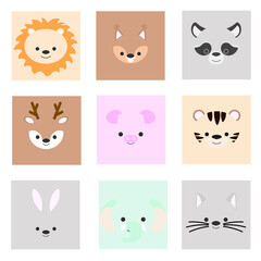 set of cute simple squared animal faces: lion, squirrel, raccoon, deer, pig, tiger, hare, cat, elephant. Vector illustration