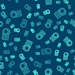 Green line Firewall, security wall icon isolated seamless pattern on blue background. Vector.