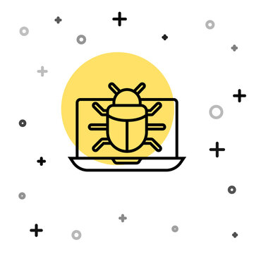 recommend clip art: Black line System bug on monitor icon isolated on white background. Code bug concept. Bug in the system. Bug searching. Random dynamic shapes. Vector.