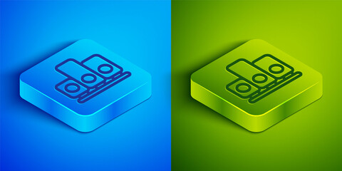Isometric line Ranking star icon isolated on blue and green background. Star rating system. Favorite, best rating, award symbol. Square button. Vector.