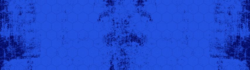 Abstract dark blue colorful mosaic wall texture with painted art design scratched spotted geometric hexagonal elements hexagon geometric pattern print wallpaper wide background panorama banner