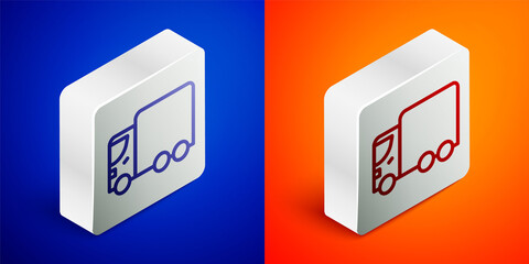 Isometric line Delivery cargo truck vehicle icon isolated on blue and orange background. Silver square button. Vector.