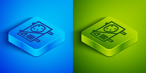 Isometric line Amusement park billboard icon isolated on blue and green background. Entertainment in vacation. Square button. Vector.