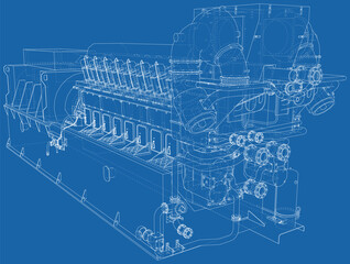 Gas-engine. Gas engine is an internal combustion engine which runs on a gas fuel. Wire-frame line isolated on white. Vector rendering of 3d.