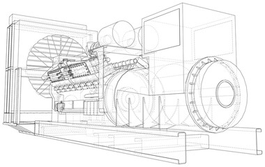 Obraz premium Generator. Diesel and gas industrial electric generator. The layers of visible and invisible lines are separated. Wire-frame outline.