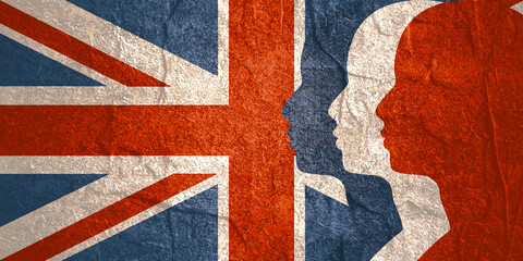 Man avatar profile view. Male face silhouettes row. Flag of United Kingdom