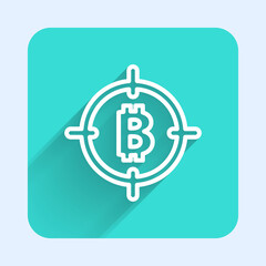White line Bitcoin in the target icon isolated with long shadow. Investment target icon. Green square button. Vector.