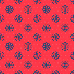 Blue line Cryptocurrency coin Bitcoin icon isolated seamless pattern on red background. Gear and Bitcoin setting. Blockchain based secure crypto currency. Vector.