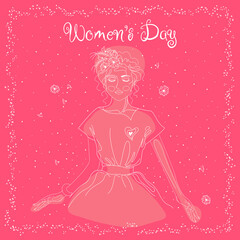 Happy Women's Day greeting card on pink background with design of a women face and text.