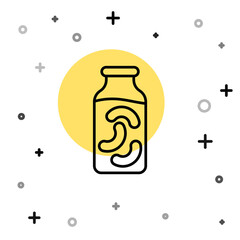 Black line Pickled cucumbers in a jar icon isolated on white background. Random dynamic shapes. Vector.