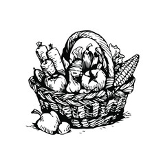 A basket with vegetables: tomato, corn, carrot, pepper. Harvest garden vegetables. Hand drawn line art, etching, inking sketch, black and white vintage stock vector illustration