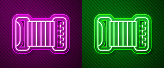 Glowing neon line Musical instrument accordion icon isolated on purple and green background. Classical bayan, harmonic. Vector.