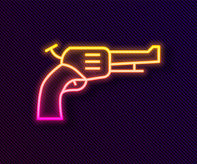 Glowing neon line Revolver gun icon isolated on black background. Vector.