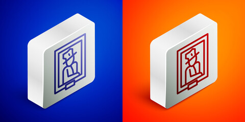Isometric line Portrait picture in museum icon isolated on blue and orange background. Silver square button. Vector.