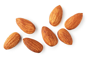 Shelled almonds isolated on white background. Clipping path. Top view. Flay lay