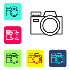 Black line Photo camera icon isolated on white background. Foto camera icon. Set icons in color square buttons. Vector.