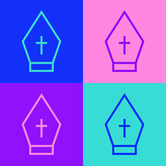 Pop art line Pope hat icon isolated on color background. Christian hat sign. Vector.