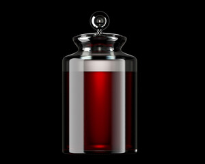 Glass jar with red liquid on a black background 3d render