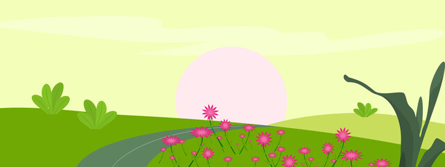 Beautiful flower plants with road and sun light in nature landscape countryside meadow in summer season holiday, abstract background texture wallpaper art graphic design vector illustration 