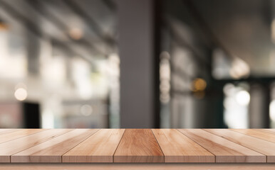 Wooden top table with bokeh light effect and blur restaurant on background, blur background
