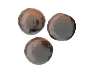 Three round chocolate candies on a white background. 3D rendering