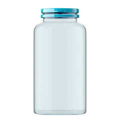 Empty plastic transparent jar with a blue lid on a white background. 3D rendering