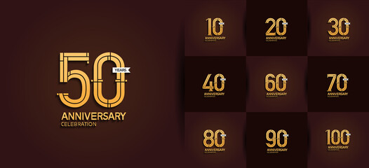 Anniversary logotype set with golden color and ribbon. vector design for celebration purpose, greeting, invitation card	
