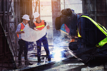 multi exposure of welders who are welding structures and engineers who are supervising the construction as planned in construction site. - obrazy, fototapety, plakaty