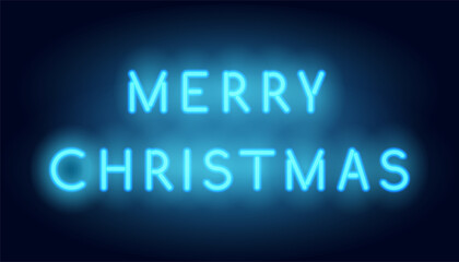 Merry Christmas neon lettering. Vector realistic neon blue glowing signboard