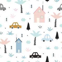 Fototapeta na wymiar Seamless pattern Rural village background with cars, trees, and houses Cute design hand drawn cartoon style vector illustration.