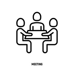 Collaboration, teamwork thin line icon: people at brainstorm. Meeting, people sitting at desk. Successful communication. Modern vector illustration.