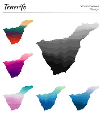 Set of vector maps of Tenerife. Vibrant waves design. Bright map of island in geometric smooth curves style. Multicolored Tenerife map for your design. Powerful vector illustration.