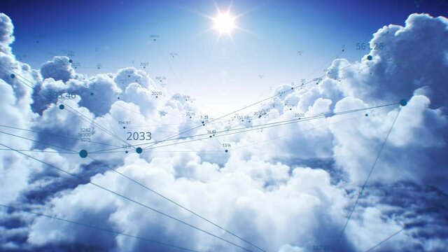 Beautiful Network Grid in Cloudscape Flying Through Under the Bright Sun Seamless. Cloud Computing Technological Concept with Abstract Numbers Looped 3d Animation. 4k UHD 3840x2160