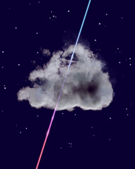 Cloud, laser beam and stars in the night sky. 3D render / rendering.