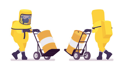 Man, hazmat protective clothing pushing hand truck with radioactive barrel. Worker in level A suit, coverall, chemical resistant gloves, breathing apparatus. Vector flat style cartoon illustration