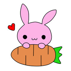 Cute rabbit hand drawn and carrots. Children's  cartoon illustration