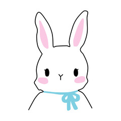 Lovely watercolor rabbit with a blue bow is isolated on a white background. Children's fantastic drawing. Handwork