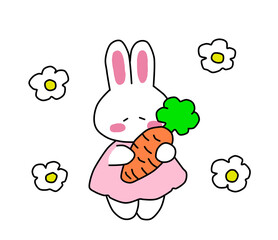 Cute pink Bunny smiling and holding in the paws a carrot. Kawaii little vegetable lover, vegetarian rabbit. Flat hand drawn illustration kid's poster. Cartoon animal character set. Child theme.