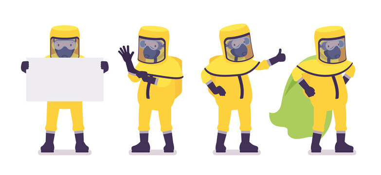 Man Wearing Yellow Hazmat Protective Clothing, Cloak, Holding Banner. Worker In Level A Suit, Coverall, Chemical Resistant Gloves, Inside Breathing Apparatus. Vector Flat Style Cartoon Illustration