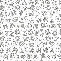 Meeting seamless pattern with thin line icons: speaker, communication, collaboration, teamwork, brainstorm, online meeting, conference, presenter, business agreement, interview. Vector illustration.