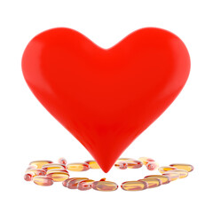 Red heart among capsules on a white background. 3D rendering