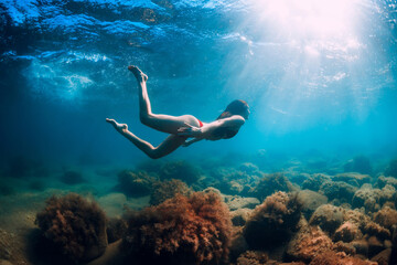 Attractive woman dive near stone with seaweed in underwater. Swimming in ocean