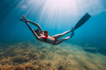 Slim woman in bikini glides at blue sea with sun rays. Freediving with fins underwater in ocean