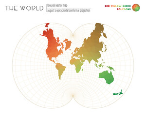 World map in polygonal style. August's epicycloidal conformal projection of the world. Red Yellow Green colored polygons. Beautiful vector illustration.
