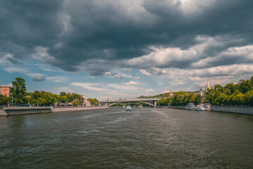 Fototapeta premium Navigation on the Moscow river. Beautiful views of Moscow. Arch bridge over the Moscow river