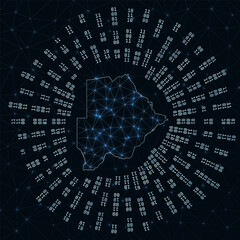 Botswana digital map. Binary rays radiating around glowing country. Internet connections and data exchange design. Vector illustration.