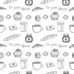 Seamless pattern French Breakfast set, vector illustration, croissant, brioche, baguette, bread, coffee, juice, jam, hand drawing